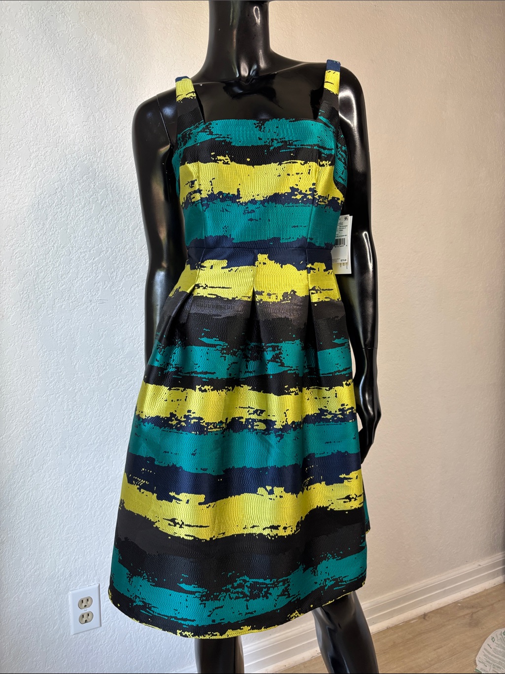 Aidan Mattox Teal, Yellow, Navy And Black Jacquard Midi Dress